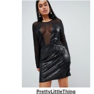 Blk Sequin Stretch Mini Dress shear panels Witch Halloween Costume